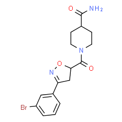 ChemSpider 2D Image | 1-{[3-(3-Bromophenyl)-4,5-dihydro-1,2-oxazol-5-yl]carbonyl}-4-piperidinecarboxamide | C16H18BrN3O3