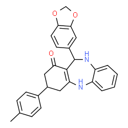 ChemSpider 2D Image | 11-(1,3-Benzodioxol-5-yl)-3-(4-methylphenyl)-2,3,4,5,10,11-hexahydro-1H-dibenzo[b,e][1,4]diazepin-1-one | C27H24N2O3