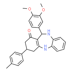 ChemSpider 2D Image | 11-(3,4-Dimethoxyphenyl)-3-(4-methylphenyl)-2,3,4,5,10,11-hexahydro-1H-dibenzo[b,e][1,4]diazepin-1-one | C28H28N2O3