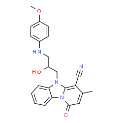 ChemSpider 2D Image | 5-{2-Hydroxy-3-[(4-methoxyphenyl)amino]propyl}-3-methyl-1-oxo-1,5-dihydropyrido[1,2-a]benzimidazole-4-carbonitrile | C23H22N4O3