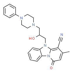 ChemSpider 2D Image | 5-[2-Hydroxy-3-(4-phenyl-1-piperazinyl)propyl]-3-methyl-1-oxo-1,5-dihydropyrido[1,2-a]benzimidazole-4-carbonitrile | C26H27N5O2