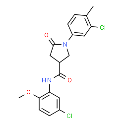 ChemSpider 2D Image | N-(5-Chloro-2-methoxyphenyl)-1-(3-chloro-4-methylphenyl)-5-oxo-3-pyrrolidinecarboxamide | C19H18Cl2N2O3