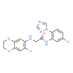 ChemSpider 2D Image | N~2~-(7-Chloro-2,3-dihydro-1,4-benzodioxin-6-yl)-N-[5-chloro-2-(1H-1,2,4-triazol-1-yl)phenyl]glycinamide | C18H15Cl2N5O3