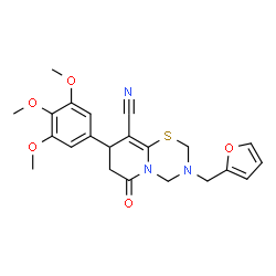 ChemSpider 2D Image | 3-(2-Furylmethyl)-6-oxo-8-(3,4,5-trimethoxyphenyl)-3,4,7,8-tetrahydro-2H,6H-pyrido[2,1-b][1,3,5]thiadiazine-9-carbonitrile | C22H23N3O5S