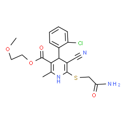 ChemSpider 2D Image | 2-Methoxyethyl 6-[(2-amino-2-oxoethyl)sulfanyl]-4-(2-chlorophenyl)-5-cyano-2-methyl-1,4-dihydro-3-pyridinecarboxylate | C19H20ClN3O4S