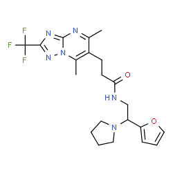 ChemSpider 2D Image | 3-[5,7-Dimethyl-2-(trifluoromethyl)[1,2,4]triazolo[1,5-a]pyrimidin-6-yl]-N-[2-(2-furyl)-2-(1-pyrrolidinyl)ethyl]propanamide | C21H25F3N6O2