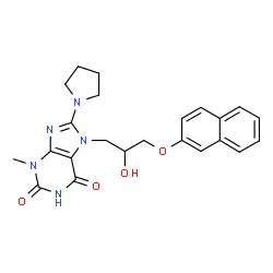 ChemSpider 2D Image | 7-[2-Hydroxy-3-(2-naphthyloxy)propyl]-3-methyl-8-(1-pyrrolidinyl)-3,7-dihydro-1H-purine-2,6-dione | C23H25N5O4