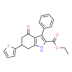 ChemSpider 2D Image | Ethyl 4-oxo-3-phenyl-6-(2-thienyl)-4,5,6,7-tetrahydro-1H-indole-2-carboxylate | C21H19NO3S