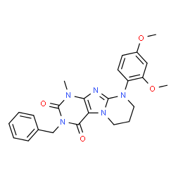 ChemSpider 2D Image | 3-Benzyl-9-(2,4-dimethoxyphenyl)-1-methyl-6,7,8,9-tetrahydropyrimido[2,1-f]purine-2,4(1H,3H)-dione | C24H25N5O4