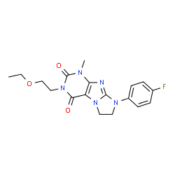 ChemSpider 2D Image | 3-(2-Ethoxyethyl)-8-(4-fluorophenyl)-1-methyl-7,8-dihydro-1H-imidazo[2,1-f]purine-2,4(3H,6H)-dione | C18H20FN5O3