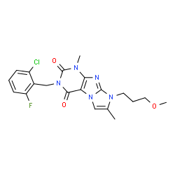 ChemSpider 2D Image | 3-(2-Chloro-6-fluorobenzyl)-8-(3-methoxypropyl)-1,7-dimethyl-1H-imidazo[2,1-f]purine-2,4(3H,8H)-dione | C20H21ClFN5O3