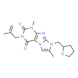 ChemSpider 2D Image | 1,7-Dimethyl-3-(2-methyl-2-propen-1-yl)-8-(tetrahydro-2-furanylmethyl)-1H-imidazo[2,1-f]purine-2,4(3H,8H)-dione | C18H23N5O3