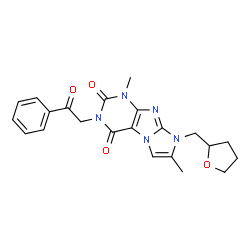 ChemSpider 2D Image | 1,7-Dimethyl-3-(2-oxo-2-phenylethyl)-8-(tetrahydro-2-furanylmethyl)-1H-imidazo[2,1-f]purine-2,4(3H,8H)-dione | C22H23N5O4