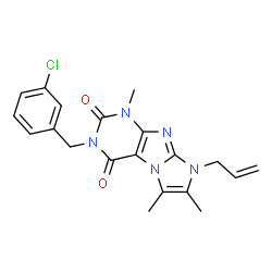 ChemSpider 2D Image | 8-Allyl-3-(3-chlorobenzyl)-1,6,7-trimethyl-1H-imidazo[2,1-f]purine-2,4(3H,8H)-dione | C20H20ClN5O2