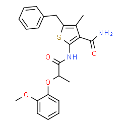 ChemSpider 2D Image | 5-Benzyl-2-{[2-(2-methoxyphenoxy)propanoyl]amino}-4-methyl-3-thiophenecarboxamide | C23H24N2O4S