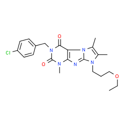 ChemSpider 2D Image | 3-(4-Chlorobenzyl)-8-(3-ethoxypropyl)-1,6,7-trimethyl-1H-imidazo[2,1-f]purine-2,4(3H,8H)-dione | C22H26ClN5O3