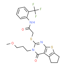 ChemSpider 2D Image | 2-{[3-(3-Methoxypropyl)-4-oxo-3,5,6,7-tetrahydro-4H-cyclopenta[4,5]thieno[2,3-d]pyrimidin-2-yl]sulfanyl}-N-[2-(trifluoromethyl)phenyl]acetamide | C22H22F3N3O3S2