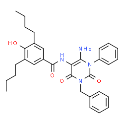 ChemSpider 2D Image | N-(6-Amino-3-benzyl-2,4-dioxo-1-phenyl-1,2,3,4-tetrahydro-5-pyrimidinyl)-3,5-dibutyl-4-hydroxybenzamide | C32H36N4O4