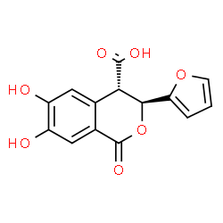 ChemSpider 2D Image | (3S,4S)-3-(2-Furyl)-6,7-dihydroxy-1-oxo-3,4-dihydro-1H-isochromene-4-carboxylic acid | C14H10O7