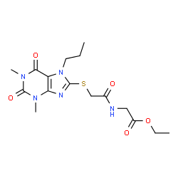 ChemSpider 2D Image | Ethyl N-{[(1,3-dimethyl-2,6-dioxo-7-propyl-2,3,6,7-tetrahydro-1H-purin-8-yl)sulfanyl]acetyl}glycinate | C16H23N5O5S