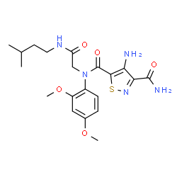 ChemSpider 2D Image | 4-Amino-N~5~-(2,4-dimethoxyphenyl)-N~5~-{2-[(3-methylbutyl)amino]-2-oxoethyl}-1,2-thiazole-3,5-dicarboxamide | C20H27N5O5S