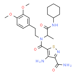 ChemSpider 2D Image | 4-Amino-N~5~-[1-(cyclohexylamino)-1-oxo-2-propanyl]-N~5~-[2-(3,4-dimethoxyphenyl)ethyl]-1,2-thiazole-3,5-dicarboxamide | C24H33N5O5S