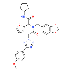 ChemSpider 2D Image | N-(1,3-Benzodioxol-5-ylmethyl)-N-[2-(cyclopentylamino)-1-(2-furyl)-2-oxoethyl]-2-[5-(4-methoxyphenyl)-2H-tetrazol-2-yl]acetamide | C29H30N6O6