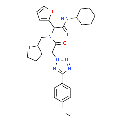 ChemSpider 2D Image | N-[2-(Cyclohexylamino)-1-(2-furyl)-2-oxoethyl]-2-[5-(4-methoxyphenyl)-2H-tetrazol-2-yl]-N-(tetrahydro-2-furanylmethyl)acetamide | C27H34N6O5
