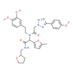 ChemSpider 2D Image | N-[2-(3,4-Dimethoxyphenyl)ethyl]-2-[5-(4-methoxyphenyl)-2H-tetrazol-2-yl]-N-{1-(5-methyl-2-furyl)-2-oxo-2-[(tetrahydro-2-furanylmethyl)amino]ethyl}acetamide | C32H38N6O7