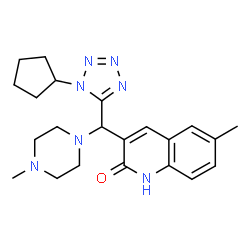 ChemSpider 2D Image | 3-[(1-Cyclopentyl-1H-tetrazol-5-yl)(4-methyl-1-piperazinyl)methyl]-6-methyl-2(1H)-quinolinone | C22H29N7O