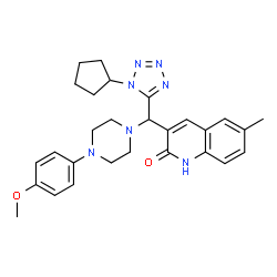 ChemSpider 2D Image | 3-{(1-Cyclopentyl-1H-tetrazol-5-yl)[4-(4-methoxyphenyl)-1-piperazinyl]methyl}-6-methyl-2(1H)-quinolinone | C28H33N7O2