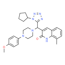 ChemSpider 2D Image | 3-{(1-Cyclopentyl-1H-tetrazol-5-yl)[4-(4-methoxyphenyl)-1-piperazinyl]methyl}-8-methyl-2(1H)-quinolinone | C28H33N7O2