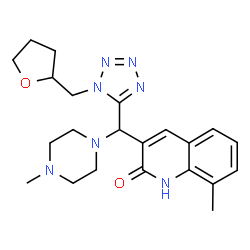 ChemSpider 2D Image | 8-Methyl-3-{(4-methyl-1-piperazinyl)[1-(tetrahydro-2-furanylmethyl)-1H-tetrazol-5-yl]methyl}-2(1H)-quinolinone | C22H29N7O2
