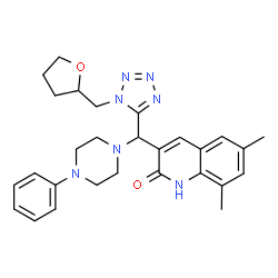 ChemSpider 2D Image | 6,8-Dimethyl-3-{(4-phenyl-1-piperazinyl)[1-(tetrahydro-2-furanylmethyl)-1H-tetrazol-5-yl]methyl}-2(1H)-quinolinone | C28H33N7O2