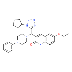 ChemSpider 2D Image | 3-[(1-Cyclopentyl-1H-tetrazol-5-yl)(4-phenyl-1-piperazinyl)methyl]-6-ethoxy-2(1H)-quinolinone | C28H33N7O2
