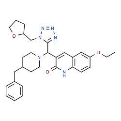 ChemSpider 2D Image | 3-{(4-Benzyl-1-piperidinyl)[1-(tetrahydro-2-furanylmethyl)-1H-tetrazol-5-yl]methyl}-6-ethoxy-2(1H)-quinolinone | C30H36N6O3