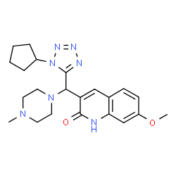 ChemSpider 2D Image | 3-[(1-Cyclopentyl-1H-tetrazol-5-yl)(4-methyl-1-piperazinyl)methyl]-7-methoxy-2(1H)-quinolinone | C22H29N7O2