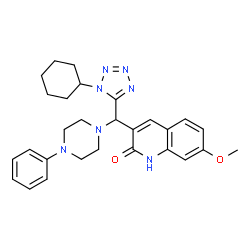 ChemSpider 2D Image | 3-[(1-Cyclohexyl-1H-tetrazol-5-yl)(4-phenyl-1-piperazinyl)methyl]-7-methoxy-2(1H)-quinolinone | C28H33N7O2