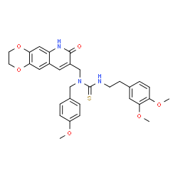 ChemSpider 2D Image | 3-[2-(3,4-Dimethoxyphenyl)ethyl]-1-(4-methoxybenzyl)-1-[(7-oxo-2,3,6,7-tetrahydro[1,4]dioxino[2,3-g]quinolin-8-yl)methyl]thiourea | C31H33N3O6S