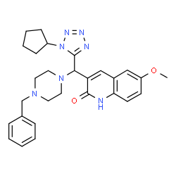 ChemSpider 2D Image | 3-[(4-Benzyl-1-piperazinyl)(1-cyclopentyl-1H-tetrazol-5-yl)methyl]-6-methoxy-2(1H)-quinolinone | C28H33N7O2