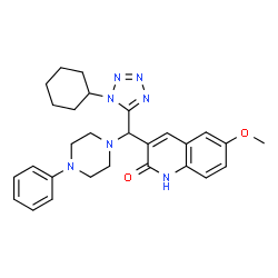 ChemSpider 2D Image | 3-[(1-Cyclohexyl-1H-tetrazol-5-yl)(4-phenyl-1-piperazinyl)methyl]-6-methoxy-2(1H)-quinolinone | C28H33N7O2