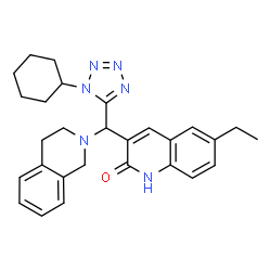 ChemSpider 2D Image | 3-[(1-Cyclohexyl-1H-tetrazol-5-yl)(3,4-dihydro-2(1H)-isoquinolinyl)methyl]-6-ethyl-2(1H)-quinolinone | C28H32N6O