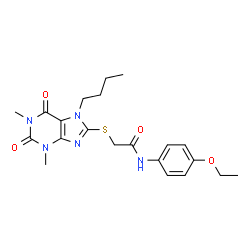 ChemSpider 2D Image | 2-[(7-Butyl-1,3-dimethyl-2,6-dioxo-2,3,6,7-tetrahydro-1H-purin-8-yl)sulfanyl]-N-(4-ethoxyphenyl)acetamide | C21H27N5O4S