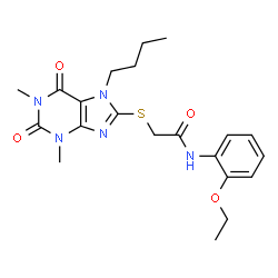 ChemSpider 2D Image | 2-[(7-Butyl-1,3-dimethyl-2,6-dioxo-2,3,6,7-tetrahydro-1H-purin-8-yl)sulfanyl]-N-(2-ethoxyphenyl)acetamide | C21H27N5O4S