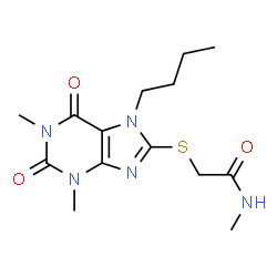 ChemSpider 2D Image | 2-[(7-Butyl-1,3-dimethyl-2,6-dioxo-2,3,6,7-tetrahydro-1H-purin-8-yl)sulfanyl]-N-methylacetamide | C14H21N5O3S