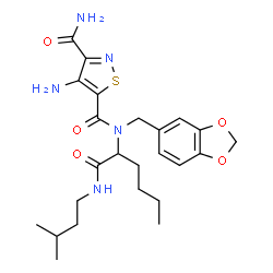 ChemSpider 2D Image | 4-Amino-N~5~-(1,3-benzodioxol-5-ylmethyl)-N~5~-{1-[(3-methylbutyl)amino]-1-oxo-2-hexanyl}-1,2-thiazole-3,5-dicarboxamide | C24H33N5O5S