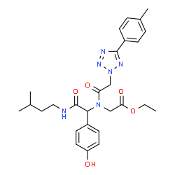ChemSpider 2D Image | Ethyl N-{1-(4-hydroxyphenyl)-2-[(3-methylbutyl)amino]-2-oxoethyl}-N-{[5-(4-methylphenyl)-2H-tetrazol-2-yl]acetyl}glycinate | C27H34N6O5