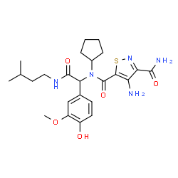 ChemSpider 2D Image | 4-Amino-N~5~-cyclopentyl-N~5~-{1-(4-hydroxy-3-methoxyphenyl)-2-[(3-methylbutyl)amino]-2-oxoethyl}-1,2-thiazole-3,5-dicarboxamide | C24H33N5O5S