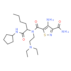 ChemSpider 2D Image | 4-Amino-N~5~-[1-(cyclopentylamino)-1-oxo-2-hexanyl]-N~5~-[2-(diethylamino)ethyl]-1,2-thiazole-3,5-dicarboxamide | C22H38N6O3S