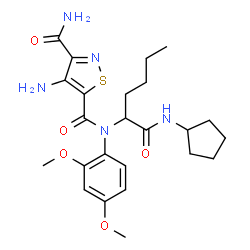 ChemSpider 2D Image | 4-Amino-N~5~-[1-(cyclopentylamino)-1-oxo-2-hexanyl]-N~5~-(2,4-dimethoxyphenyl)-1,2-thiazole-3,5-dicarboxamide | C24H33N5O5S